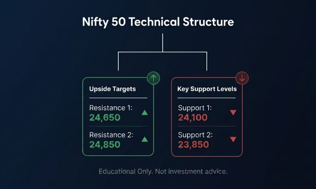 Nifty 50 Technical Structure infographic showing Upside Targets (Resistance 1: 24,650, Resistance 2: 24,850) and Key Support Levels (Support 1: 24,100, Support 2: 23,850).