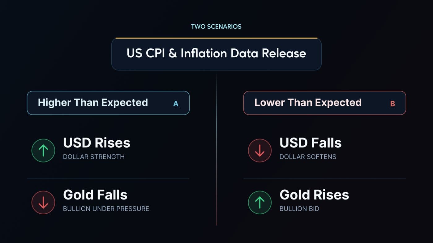 Infographic illustrating US CPI inflation data scenarios showing higher than expected CPI causing USD to rise and Gold to fall versus lower than expected CPI causing USD to fall and Gold to rise.