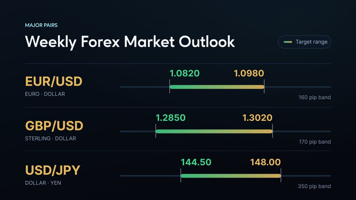 Weekly Forex Market Outlook target range chart showing EUR/USD trading between 1.0820 and 1.0980, GBP/USD between 1.2850 and 1.3020 and USD/JPY between 144.50 and 148.00.