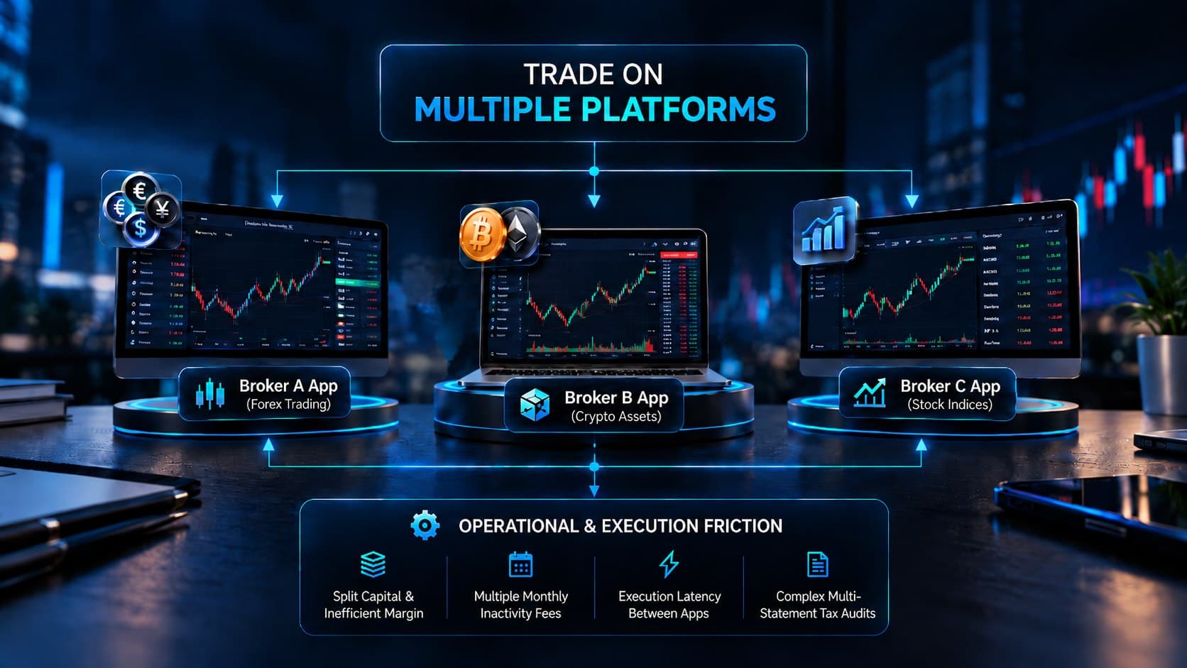 Infographic diagram highlighting operational and execution friction caused by trading across multiple platforms.