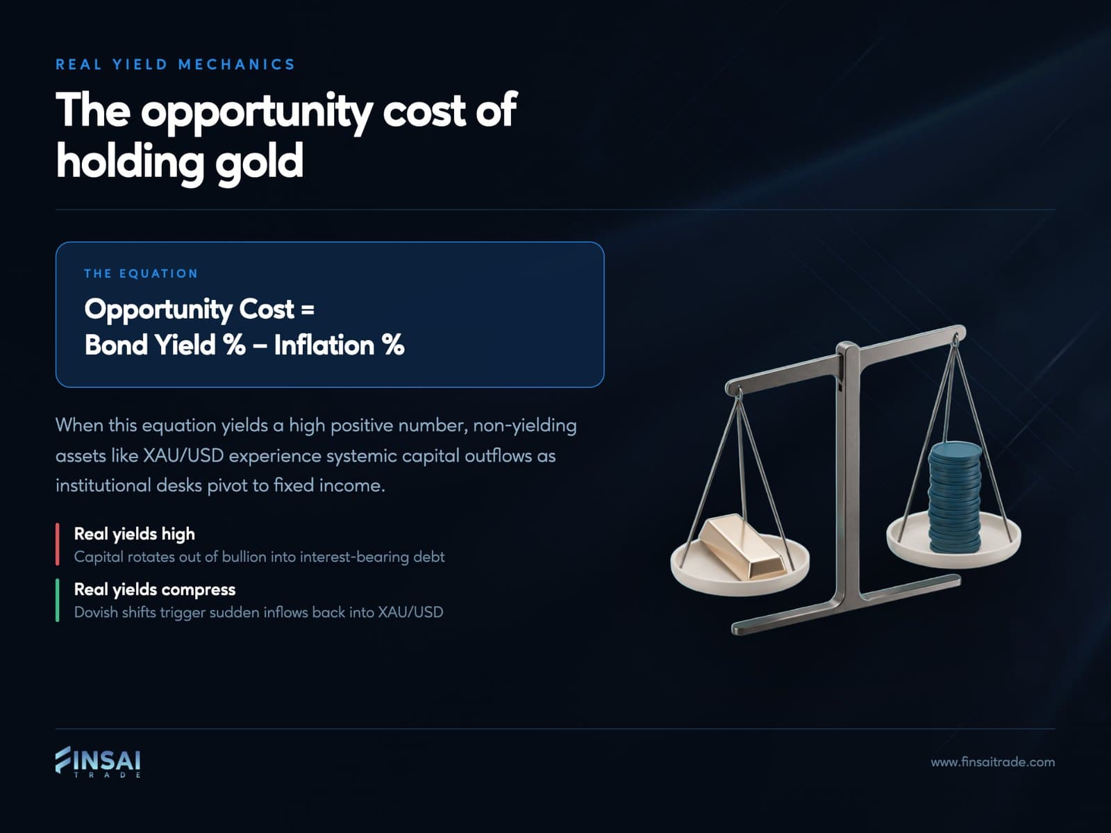 Features a 3D graphic of a balance scale weighing a gold bar against a stack of blue coins.