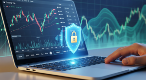 A close-up shot of a hand hovering over the keyboard of a laptop displaying a financial or trading interface. The screen shows charts with fluctuating lines (candlesticks and wave-like graphs) on a dark background. A glowing blue and gold shield icon with a padlock symbol is overlaid on the screen, emphasizing security, financial protection, or secure trading/investment.