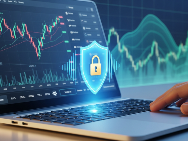 A close-up shot of a hand hovering over the keyboard of a laptop displaying a financial or trading interface. The screen shows charts with fluctuating lines (candlesticks and wave-like graphs) on a dark background. A glowing blue and gold shield icon with a padlock symbol is overlaid on the screen, emphasizing security, financial protection, or secure trading/investment.